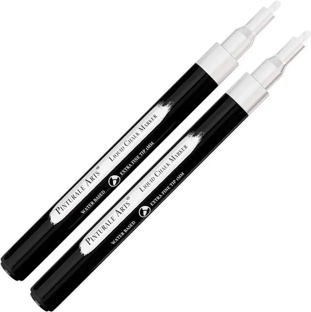 Main image of Pinturale Arts 2 Extra Fine Tip White Chalk Markers | 1mm Tip | For Windows, Blackboard, Dry Erase Board, Chalkboards, Glass, Easy Erase | White Chalk Pens Fine Tip