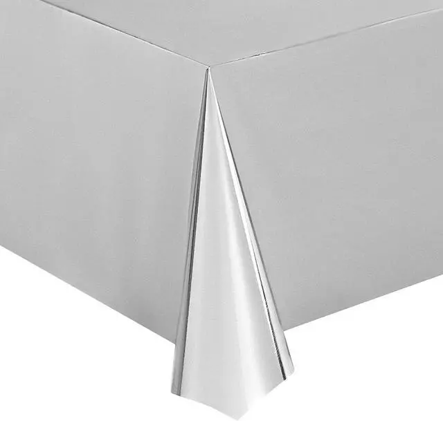 Alt view image 6 of 7 - Juvale 3 Pack Plastic Table Cloths - Metallic Silver Plastic Tablecloth for Birthday Party Decorations (Shiny Foil, 54x108 Silver Tablecloth)