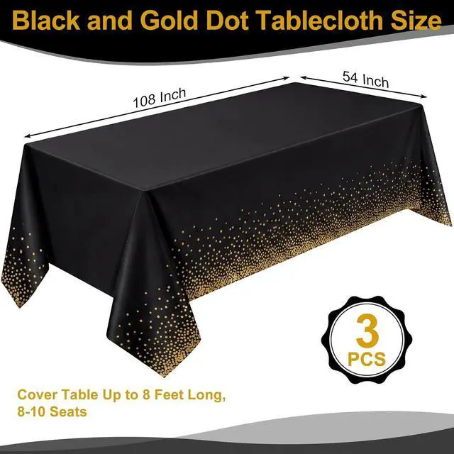 Alt view image 2 of 7 - 3 Pack Black Gold Tablecloths Plastic, Dot Disposable Table Cloth | Black and Gold Party Decorations 54" × 108" Rectangle Table Cover for New Years Eve Decorations Holiday Birthday Wedding