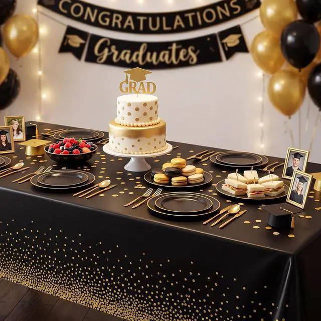 Alt view image 3 of 7 - 3 Pack Black Gold Tablecloths Plastic, Dot Disposable Table Cloth | Black and Gold Party Decorations 54" × 108" Rectangle Table Cover for New Years Eve Decorations Holiday Birthday Wedding