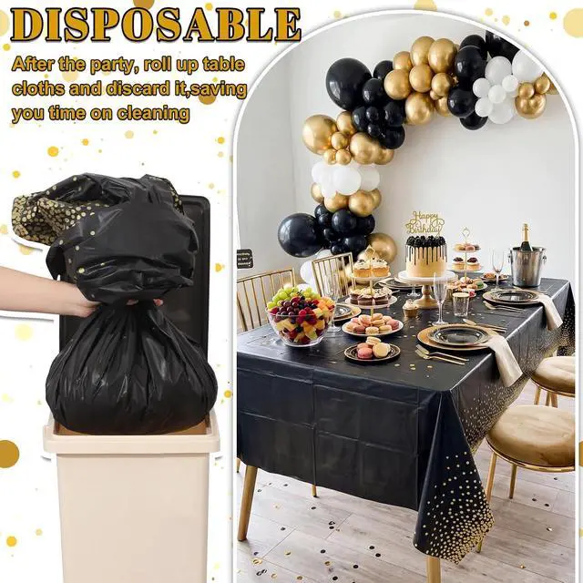 Alt view image 5 of 7 - 3 Pack Black Gold Tablecloths Plastic, Dot Disposable Table Cloth | Black and Gold Party Decorations 54" × 108" Rectangle Table Cover for New Years Eve Decorations Holiday Birthday Wedding