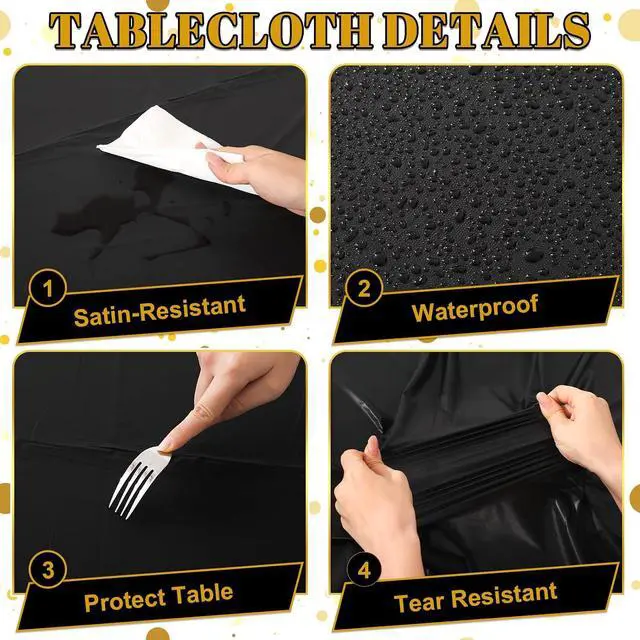 Alt view image 4 of 7 - 3 Pack Black Gold Tablecloths Plastic, Dot Disposable Table Cloth | Black and Gold Party Decorations 54" × 108" Rectangle Table Cover for New Years Eve Decorations Holiday Birthday Wedding