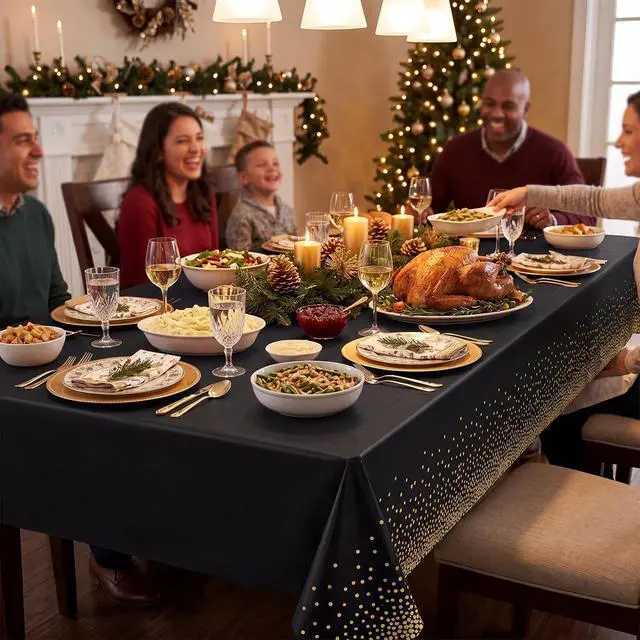 Alt view image 6 of 7 - 3 Pack Black Gold Tablecloths Plastic, Dot Disposable Table Cloth | Black and Gold Party Decorations 54" × 108" Rectangle Table Cover for New Years Eve Decorations Holiday Birthday Wedding