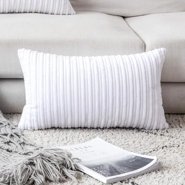 Main image of UGASA Velvet Pillow Covers Striped, Decorative Throw Cushion Case with Hidden Zipper for Home Couch/Bedroom/Car, Soft Cozy Solid Oblong, 1 Piece (12"x20", Pure White)