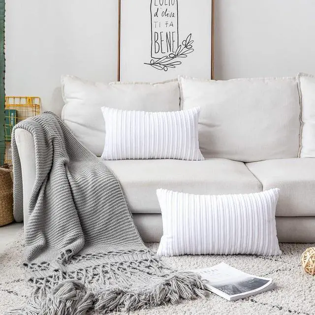 Alt view image 2 of 7 - UGASA Velvet Pillow Covers Striped, Decorative Throw Cushion Case with Hidden Zipper for Home Couch/Bedroom/Car, Soft Cozy Solid Oblong, 1 Piece (12"x20", Pure White)