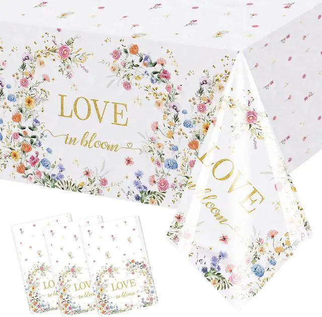 Main image of MEHOFOND 3pcs Love in Bloom Bridal Shower Tablecloth, Wildflower Floral Disposable Plastic Table Cover 54x108 Inch, Spring Wedding Engagement Bachelorette Party Decorations