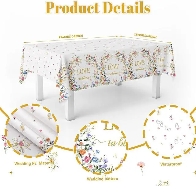 Alt view image 2 of 6 - MEHOFOND 3pcs Love in Bloom Bridal Shower Tablecloth, Wildflower Floral Disposable Plastic Table Cover 54x108 Inch, Spring Wedding Engagement Bachelorette Party Decorations