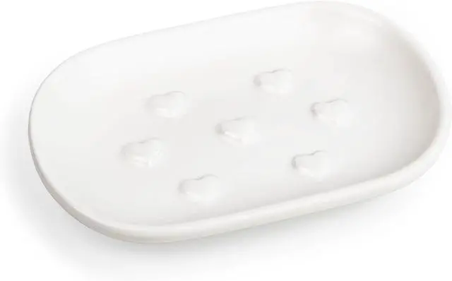 Main image of HILLSPRING Ceramic Soap Dish, Decorative Bar Soap Holder, White, 5"x3.5" | Heart Bump Design, Keeps Soap Elevated and Dry, for Bathroom, Kitchen Sink, Vanity