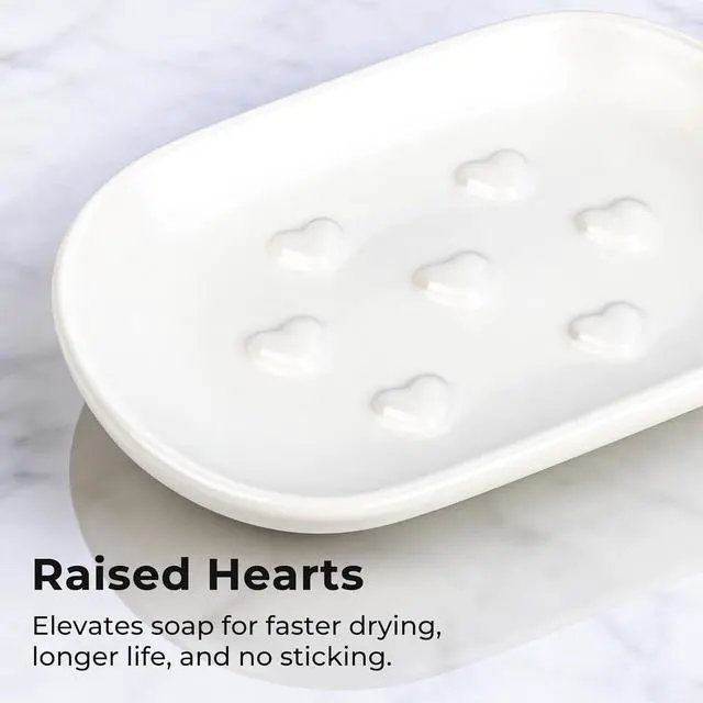 Alt view image 4 of 7 - HILLSPRING Ceramic Soap Dish, Decorative Bar Soap Holder, White, 5"x3.5" | Heart Bump Design, Keeps Soap Elevated and Dry, for Bathroom, Kitchen Sink, Vanity