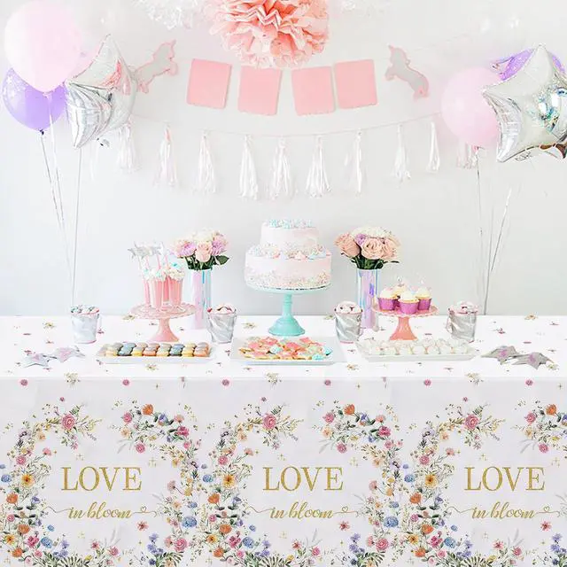 Alt view image 3 of 6 - MEHOFOND 3pcs Love in Bloom Bridal Shower Tablecloth, Wildflower Floral Disposable Plastic Table Cover 54x108 Inch, Spring Wedding Engagement Bachelorette Party Decorations