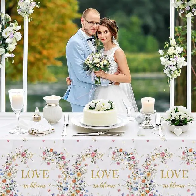 Alt view image 4 of 6 - MEHOFOND 3pcs Love in Bloom Bridal Shower Tablecloth, Wildflower Floral Disposable Plastic Table Cover 54x108 Inch, Spring Wedding Engagement Bachelorette Party Decorations
