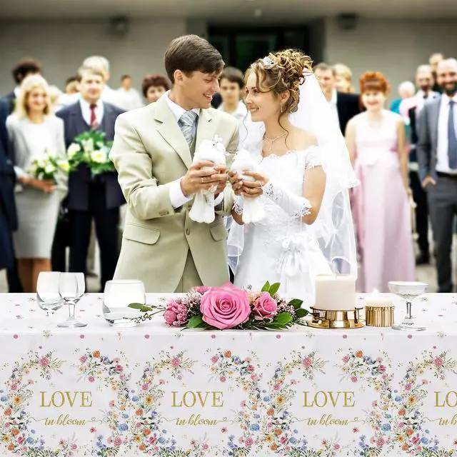 Alt view image 5 of 6 - MEHOFOND 3pcs Love in Bloom Bridal Shower Tablecloth, Wildflower Floral Disposable Plastic Table Cover 54x108 Inch, Spring Wedding Engagement Bachelorette Party Decorations