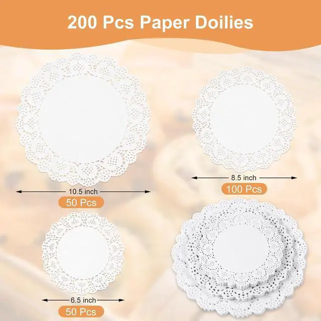 Alt view image 2 of 7 - PECULA Paper Doilies, 200 Pack White Lace Doilies 6.5, 8.5, and 10.5 Inch for Food, Crafts, Baby Showers, Parties, Wedding, Birthday, Tableware Decoration
