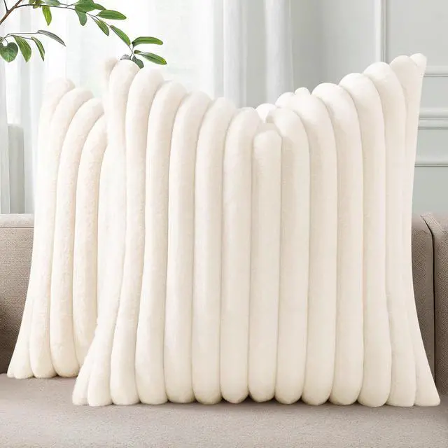 Main image of Pallene Faux Fur Decorative Throw Pillow Covers 18x18 Set of 2, Cream White | Luxury Plush Texture, Striped Design, Cozy Soft Touch, Modern Home Accent Decor for Couch, Sofa, Bed, Living Room