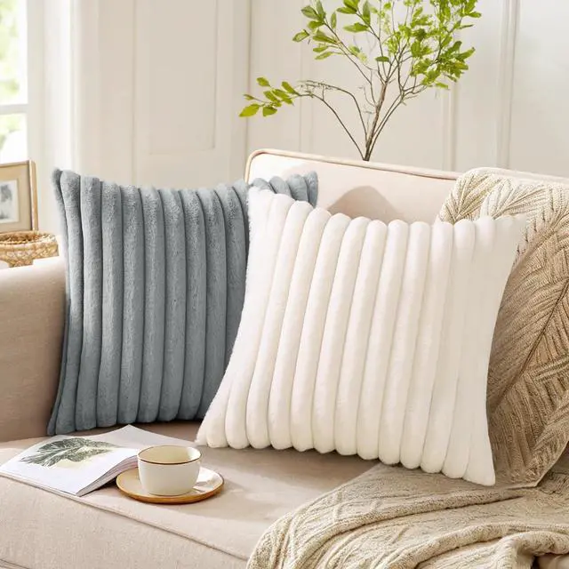 Alt view image 5 of 7 - Pallene Faux Fur Decorative Throw Pillow Covers 18x18 Set of 2, Cream White | Luxury Plush Texture, Striped Design, Cozy Soft Touch, Modern Home Accent Decor for Couch, Sofa, Bed, Living Room