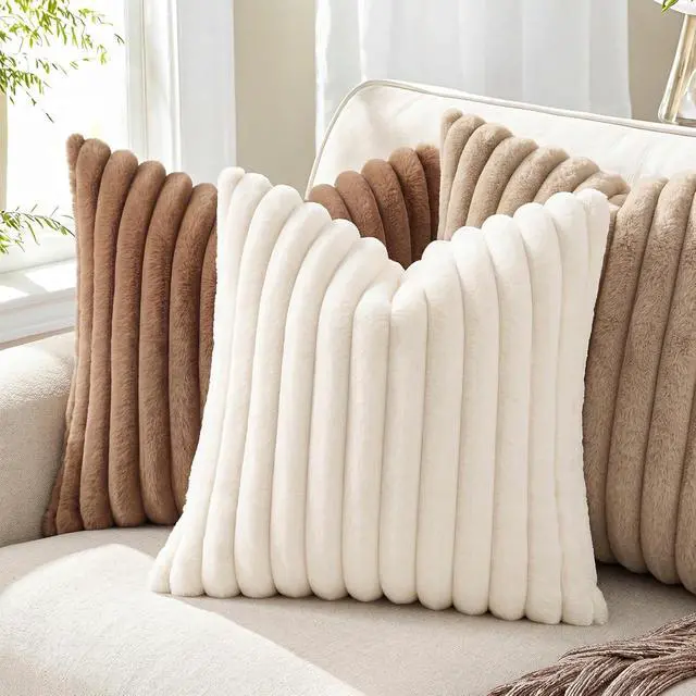 Alt view image 4 of 7 - Pallene Faux Fur Decorative Throw Pillow Covers 18x18 Set of 2, Cream White | Luxury Plush Texture, Striped Design, Cozy Soft Touch, Modern Home Accent Decor for Couch, Sofa, Bed, Living Room