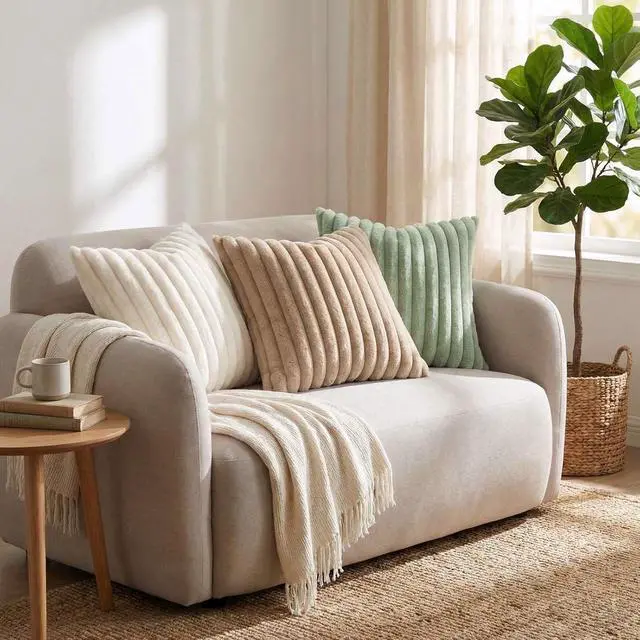 Alt view image 7 of 7 - Pallene Faux Fur Decorative Throw Pillow Covers 18x18 Set of 2, Cream White | Luxury Plush Texture, Striped Design, Cozy Soft Touch, Modern Home Accent Decor for Couch, Sofa, Bed, Living Room