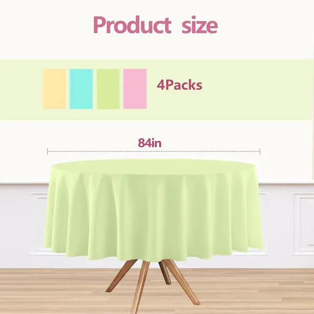 Alt view image 2 of 7 - 4 Pack Round Pastel Plastic Tablecloth, 84 Inch | Colorful Disposable Table Cover, Pink Yellow Green, for Birthday Wedding Baby Shower Party Decoration