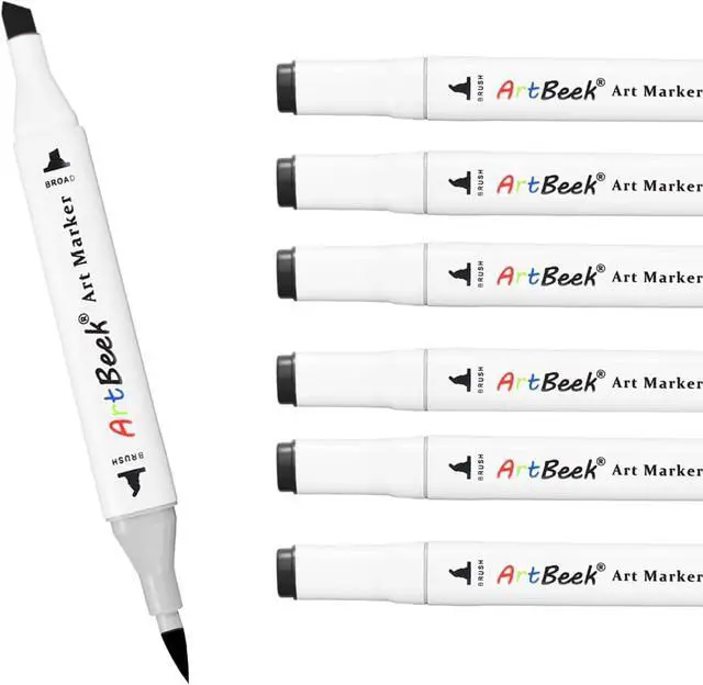 Main image of ArtBeek 6pcs Black Brush Tip Alcohol Markers Set, Dual Tips Art Markers Drawing Sketched Double Tipped for Beginner Adults(Black)