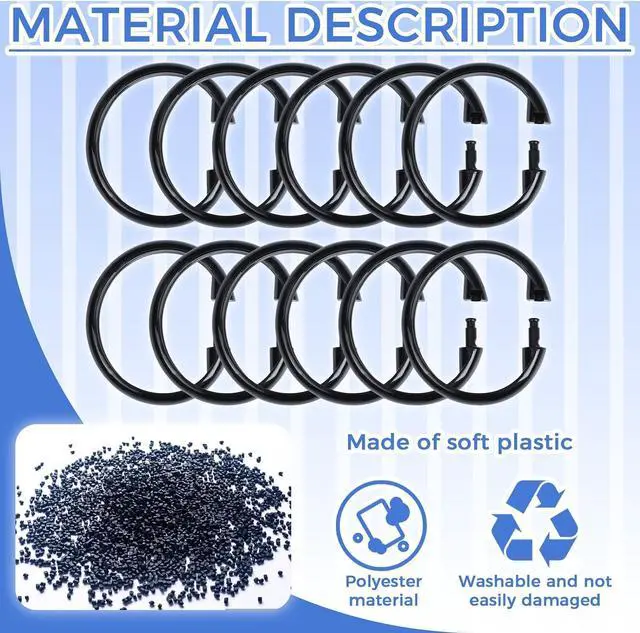 Alt view image 5 of 7 - 18 Pack Black Shower Curtain Rings, Easy Snap Hooks for Bathroom Shower Rod, Plastic O-Ring Hooks for Standard Curtains, Rust-Free Bathroom Accessories Set