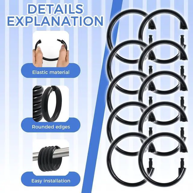 Alt view image 6 of 7 - 18 Pack Black Shower Curtain Rings, Easy Snap Hooks for Bathroom Shower Rod, Plastic O-Ring Hooks for Standard Curtains, Rust-Free Bathroom Accessories Set