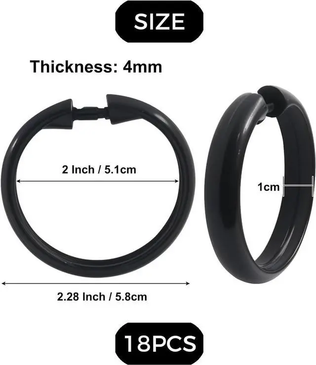 Alt view image 7 of 7 - 18 Pack Black Shower Curtain Rings, Easy Snap Hooks for Bathroom Shower Rod, Plastic O-Ring Hooks for Standard Curtains, Rust-Free Bathroom Accessories Set