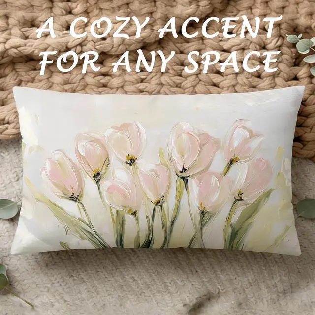 Alt view image 2 of 6 - Vintage Pastel Tulip Floral Lumbar Pillow Cover 12x20 Double-Sided, Farmhouse Spring Decor, Abstract Floral Botanical Decorative Throw Pillow Cover for Living Room Home Bedroom