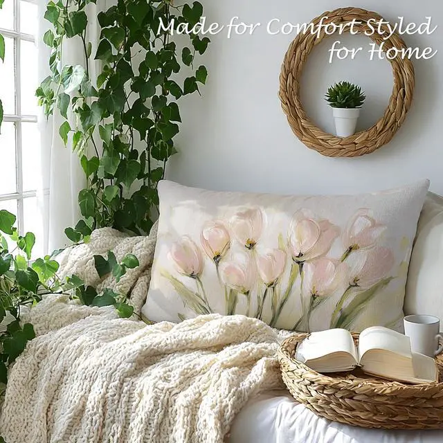 Alt view image 4 of 6 - Vintage Pastel Tulip Floral Lumbar Pillow Cover 12x20 Double-Sided, Farmhouse Spring Decor, Abstract Floral Botanical Decorative Throw Pillow Cover for Living Room Home Bedroom