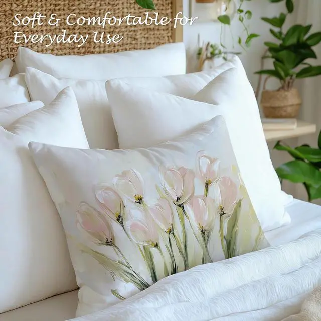 Alt view image 5 of 6 - Vintage Pastel Tulip Floral Lumbar Pillow Cover 12x20 Double-Sided, Farmhouse Spring Decor, Abstract Floral Botanical Decorative Throw Pillow Cover for Living Room Home Bedroom