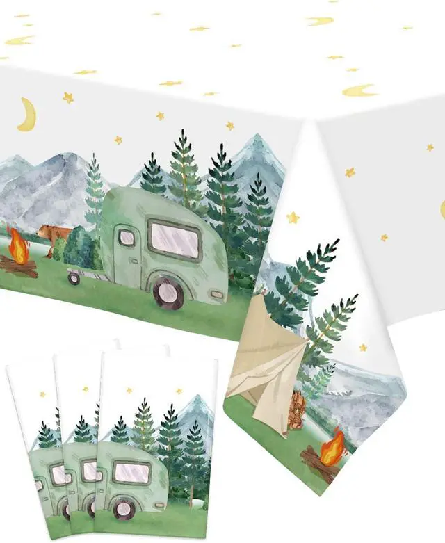 Alt view image 2 of 7 - Nefelibata 3 pcs Camping Birthday Decorations Table Cover Waterproof Tablecloths One Happy Camper Party Camping Favors Bachelorette Happy Camper for Boys Girl Plastic Table Runner Disposable Supplies