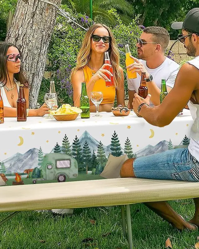 Alt view image 5 of 7 - Nefelibata 3 pcs Camping Birthday Decorations Table Cover Waterproof Tablecloths One Happy Camper Party Camping Favors Bachelorette Happy Camper for Boys Girl Plastic Table Runner Disposable Supplies