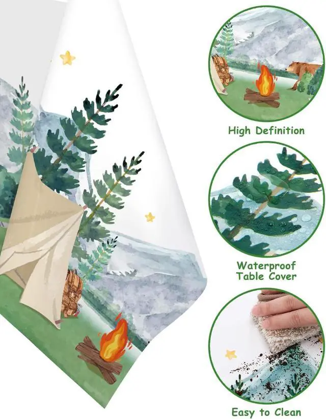 Alt view image 4 of 7 - Nefelibata 3 pcs Camping Birthday Decorations Table Cover Waterproof Tablecloths One Happy Camper Party Camping Favors Bachelorette Happy Camper for Boys Girl Plastic Table Runner Disposable Supplies