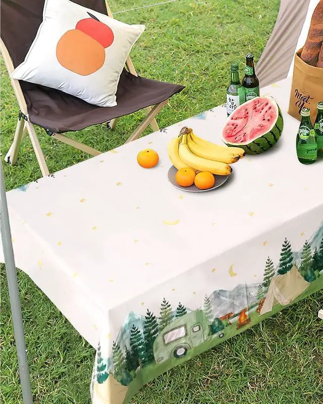 Alt view image 6 of 7 - Nefelibata 3 pcs Camping Birthday Decorations Table Cover Waterproof Tablecloths One Happy Camper Party Camping Favors Bachelorette Happy Camper for Boys Girl Plastic Table Runner Disposable Supplies
