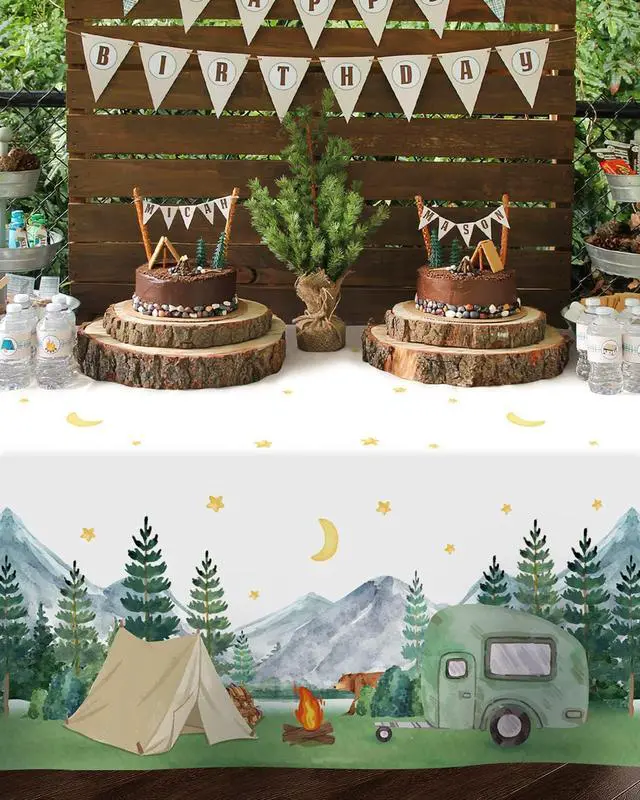 Alt view image 7 of 7 - Nefelibata 3 pcs Camping Birthday Decorations Table Cover Waterproof Tablecloths One Happy Camper Party Camping Favors Bachelorette Happy Camper for Boys Girl Plastic Table Runner Disposable Supplies