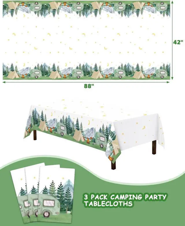 Alt view image 3 of 7 - Nefelibata 3 pcs Camping Birthday Decorations Table Cover Waterproof Tablecloths One Happy Camper Party Camping Favors Bachelorette Happy Camper for Boys Girl Plastic Table Runner Disposable Supplies