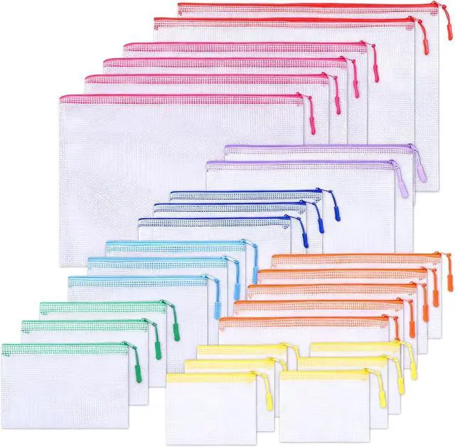 Main image of 28 Pcs Mesh Zipper Pouch Bags, 8 Sizes Waterproof Zipper Pouches | Multipurpose Mesh Pouch and Zipper Bags for Documents, School, Office, Home, and Travel Storage