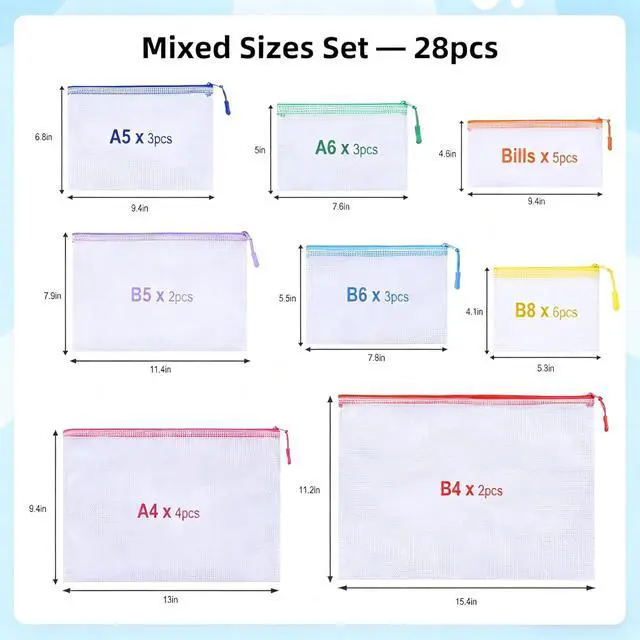 Alt view image 2 of 7 - 28 Pcs Mesh Zipper Pouch Bags, 8 Sizes Waterproof Zipper Pouches | Multipurpose Mesh Pouch and Zipper Bags for Documents, School, Office, Home, and Travel Storage