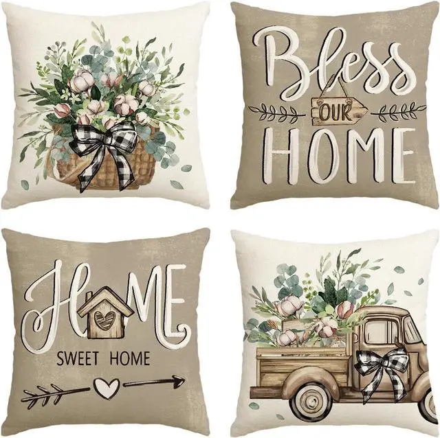 Main image of AVOIN colorlife Bless Our Home Farmhouse Eucalyptus Leaves Throw Pillow Covers, 18 x 18 Inch Truck Home Sweet Home Cushion Case Decorations Set of 4