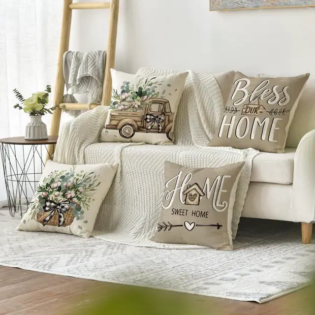 Alt view image 2 of 7 - AVOIN colorlife Bless Our Home Farmhouse Eucalyptus Leaves Throw Pillow Covers, 18 x 18 Inch Truck Home Sweet Home Cushion Case Decorations Set of 4