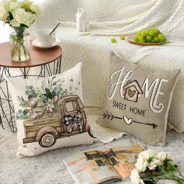 Alt view image 4 of 7 - AVOIN colorlife Bless Our Home Farmhouse Eucalyptus Leaves Throw Pillow Covers, 18 x 18 Inch Truck Home Sweet Home Cushion Case Decorations Set of 4