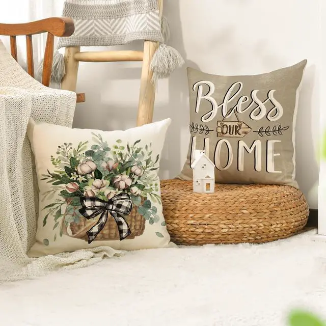 Alt view image 5 of 7 - AVOIN colorlife Bless Our Home Farmhouse Eucalyptus Leaves Throw Pillow Covers, 18 x 18 Inch Truck Home Sweet Home Cushion Case Decorations Set of 4