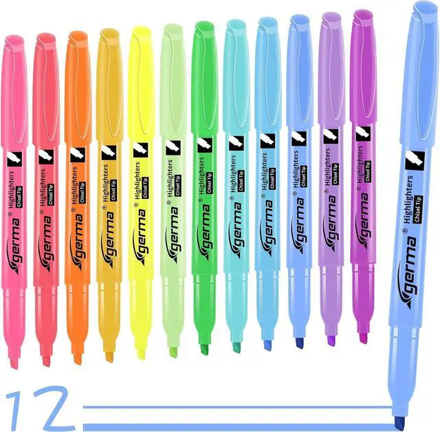 Main image of Cgerma Highlighters Assorted Colors Set, 12 Pack, Chisel Tip Bright Colors, Dry Quickly Colored Highlighters for Journaling, Study Notes, School Office Supplies