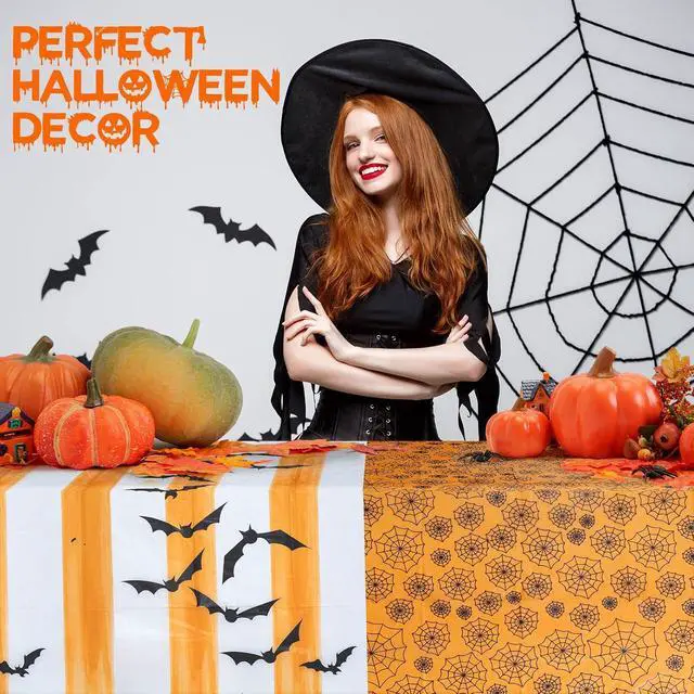 Alt view image 7 of 7 - MATICAN Halloween Tablecloths, 2-Pack Disposable Plastic Table Covers, Bats and Spider Web Pattern, 54 x 108 Inches, Party Decorations