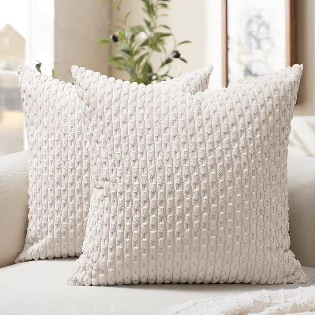 Main image of Softalker Corduroy Decorative Throw Pillow Covers 18x18, Set of 2, Beige | Soft Boho Striped Pillow Cases, Couch Fluffy Cushion Covers for Farmhouse Home Decor Bed Living Room