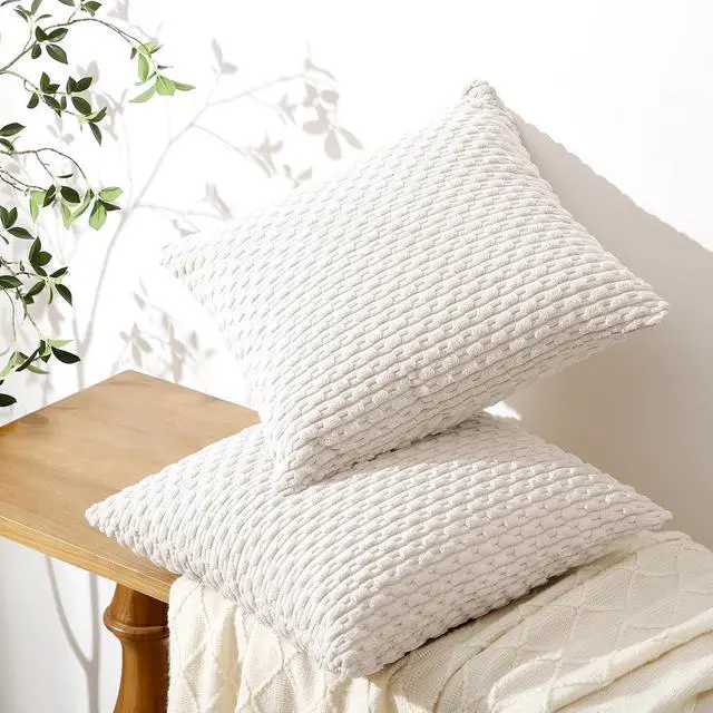 Alt view image 3 of 7 - Softalker Corduroy Decorative Throw Pillow Covers 18x18, Set of 2, Beige | Soft Boho Striped Pillow Cases, Couch Fluffy Cushion Covers for Farmhouse Home Decor Bed Living Room
