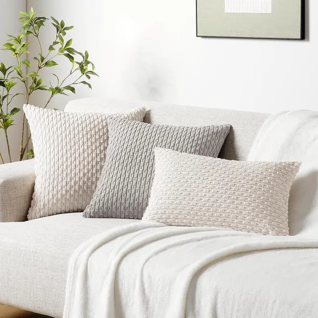 Alt view image 6 of 7 - Softalker Corduroy Decorative Throw Pillow Covers 18x18, Set of 2, Beige | Soft Boho Striped Pillow Cases, Couch Fluffy Cushion Covers for Farmhouse Home Decor Bed Living Room
