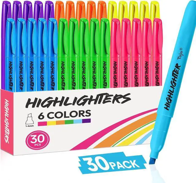 Main image of Taja 30 Pack Highlighters, Assorted 6 Colors, Chisel Tip with No Bleed Ink | Highlighters with Smooth Broad & Precise Lines, Ideal for Journaling & Note Taking, Study Essentials and Office Supplies
