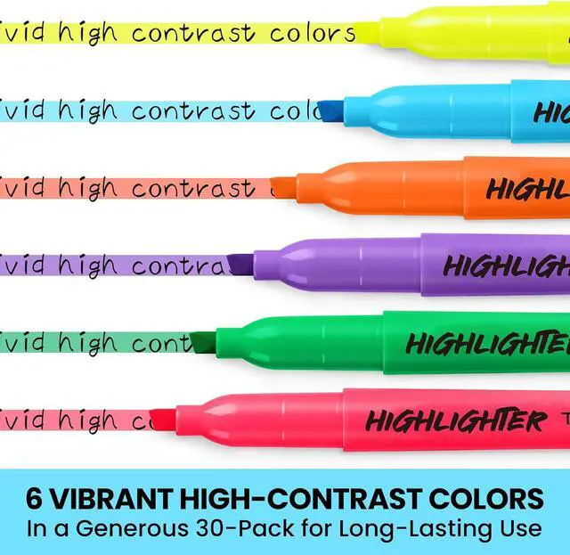 Alt view image 2 of 7 - Taja 30 Pack Highlighters, Assorted 6 Colors, Chisel Tip with No Bleed Ink | Highlighters with Smooth Broad & Precise Lines, Ideal for Journaling & Note Taking, Study Essentials and Office Supplies