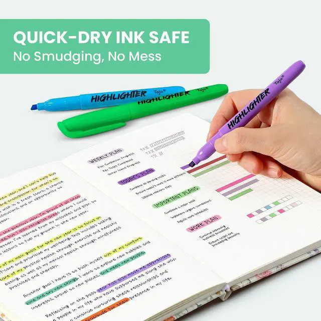 Alt view image 4 of 7 - Taja 30 Pack Highlighters, Assorted 6 Colors, Chisel Tip with No Bleed Ink | Highlighters with Smooth Broad & Precise Lines, Ideal for Journaling & Note Taking, Study Essentials and Office Supplies