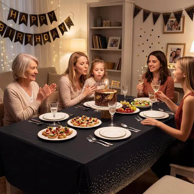 Alt view image 7 of 7 - 3 Pack Black Gold Tablecloths Plastic, Dot Disposable Table Cloth | Black and Gold Party Decorations 54" × 108" Rectangle Table Cover for New Years Eve Decorations Holiday Birthday Wedding